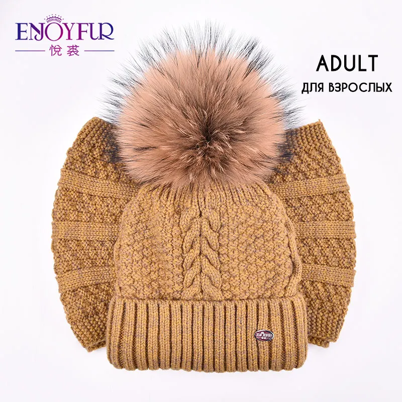 ENJOYFUR зимний шарф, шапка, набор для детей, девочек, женский шарф с шапкой из меха, помпон, родитель-ребенок, пара, семейные шапки для зимы - Цвет: 25-A