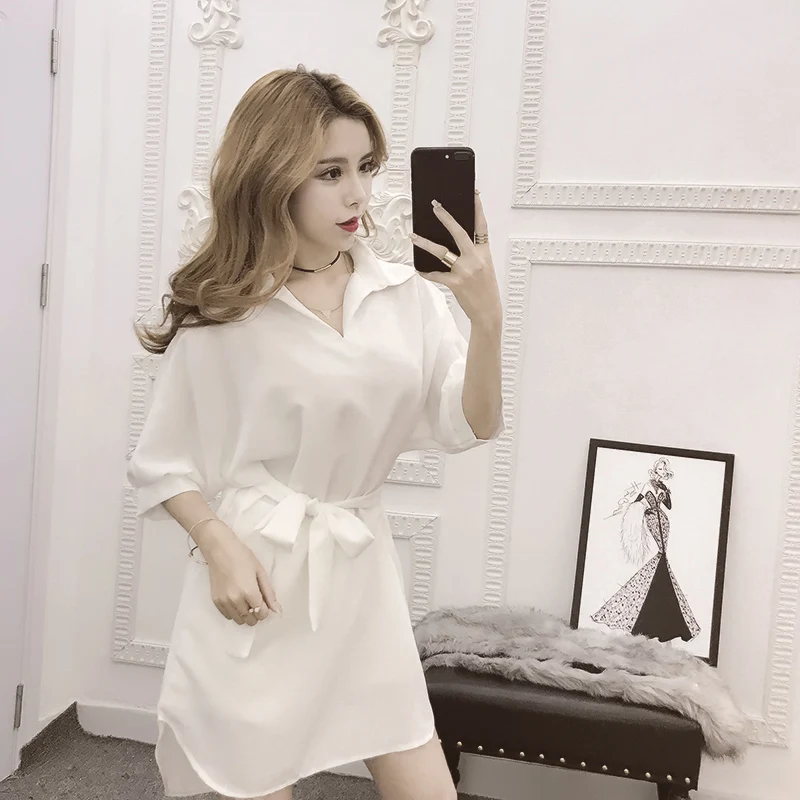 Женское шифоновое платье с коротким рукавом летучая мышь и отложным воротником |