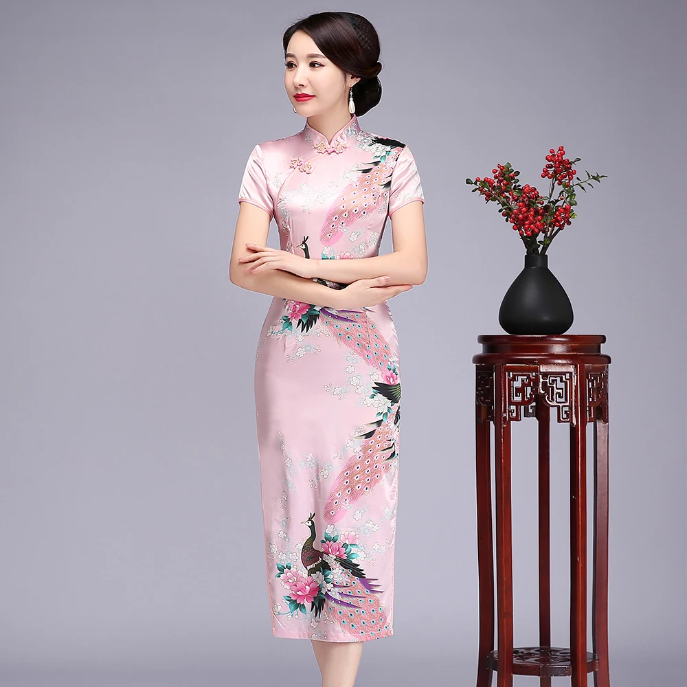 Винтаж для женщин печати Cheongsam классический цветок атласное платье китайский стиль шоу на сцене платья для платья большого размера Qipao Vestido 5XL 6XL