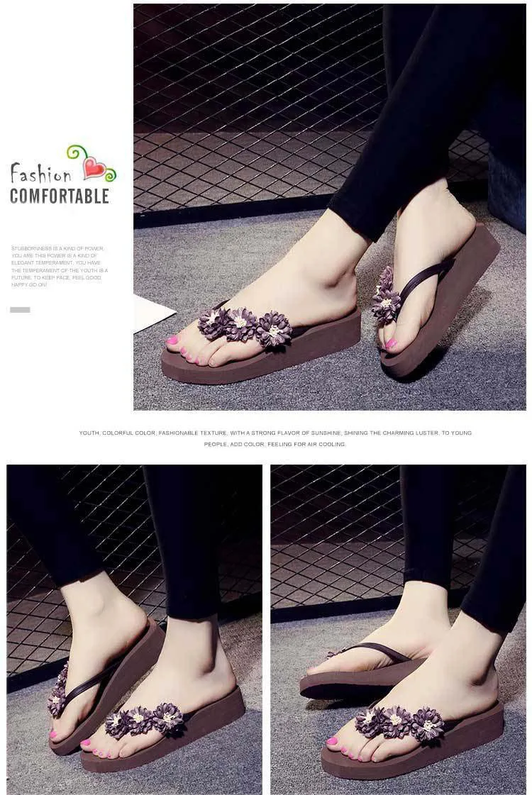 Chanclas de mujer/шлепанцы на платформе с цветами; женская летняя пляжная обувь; женские шлепанцы на танкетке и высоком каблуке; женские вьетнамки