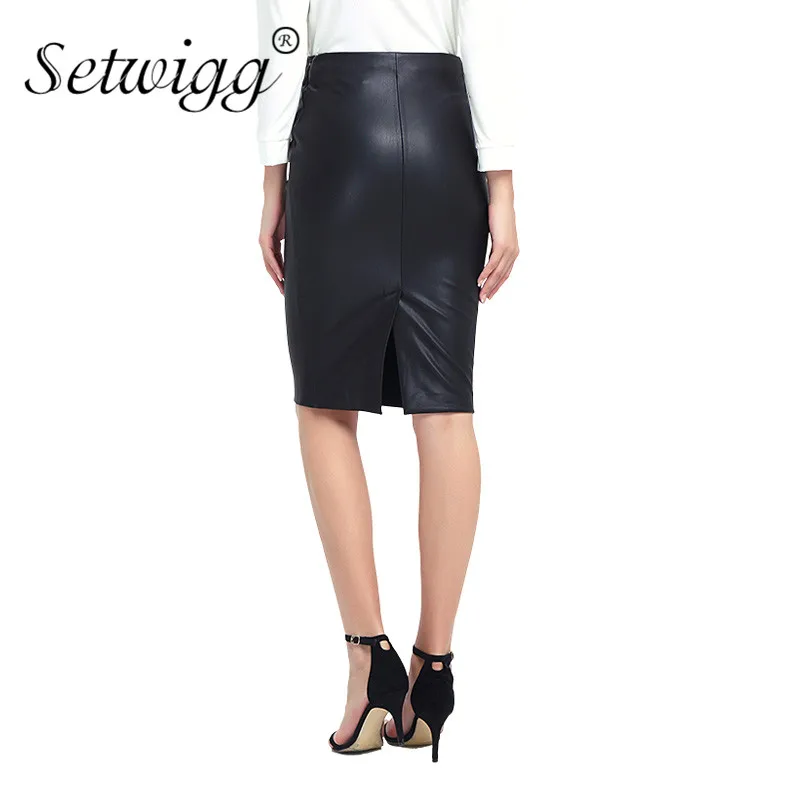 SETWIGG женские зимние миди юбки-карандаш из искусственной кожи с высокой талией на молнии сзади с разрезом из искусственной кожи облегающая офисная юбка ниже колена