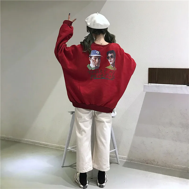 Женские толстовки, зимние Ulzzang, Ретро стиль, трендовый принт с персонажами, Женский пуловер, корейский стиль, длинный рукав, женские свитшоты
