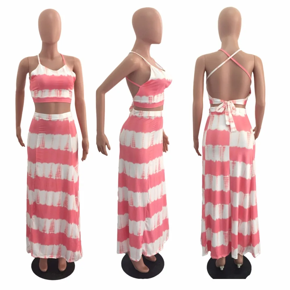 

Sexy Crop Tops +Long Skirt Women 2 Piece Set Summer Gradient Color Stripe Print Women Halter Bandage Casual Beach Maxi Dress