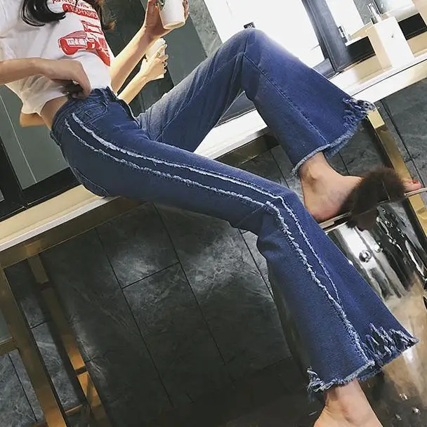 Весна 2020 эластичные хлопковые джинсы женские Модные расклешенные брюки деним с