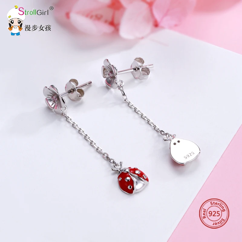 Strollgirl Authentic 925 Sterling Silver Cute Red Enamel Ladybug Stud Earrings Long Tassel Animal Earring Fashion Gift for Women | Украшения