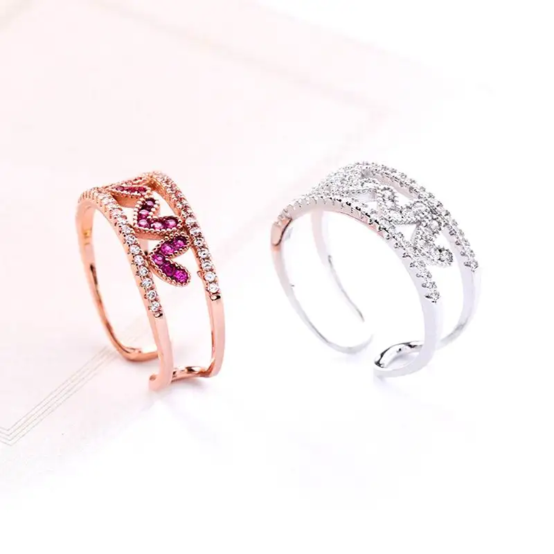 Micro Pave Zircon Love Heart Ring Double Layers Korean Style Fashion Jewelry Adjustable Rings For Women Bijoux Delicate | Украшения и