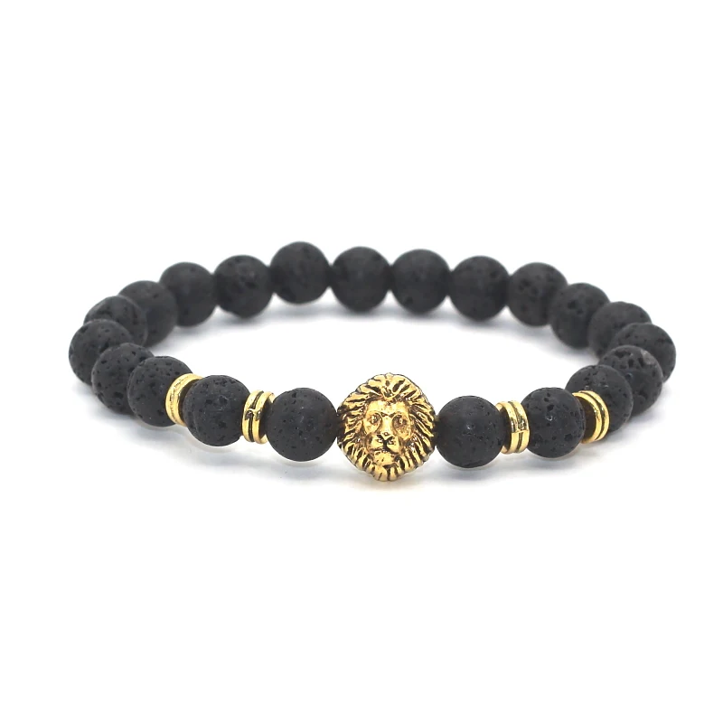 Серебряный/золотой браслет с бусинами в форме головы льва из Бирюзы и матовых