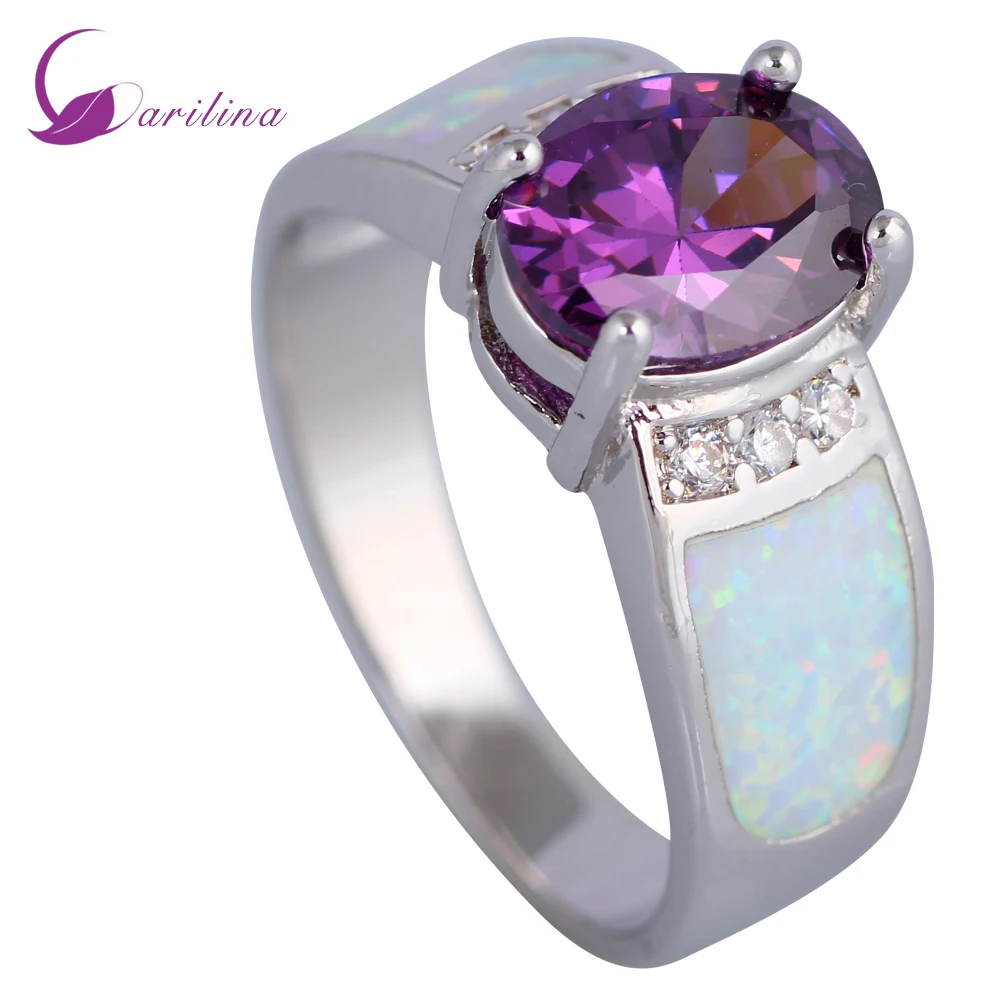 

Fashion Wedding Rings Purple Crystal CZ White Opal Stamp Silver Color Rings For Womens Size 5 5.5 6 6.5 7 8 9 R501