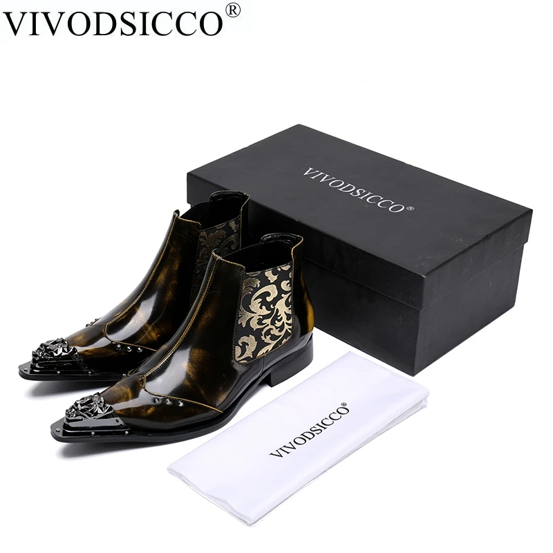 

VIVODSICCO Fashion Luxury Men Boots Genuine Leather Ankle Boots for Men Italian Business Rivets Dress Shoes Slip-On Cowboy Boots