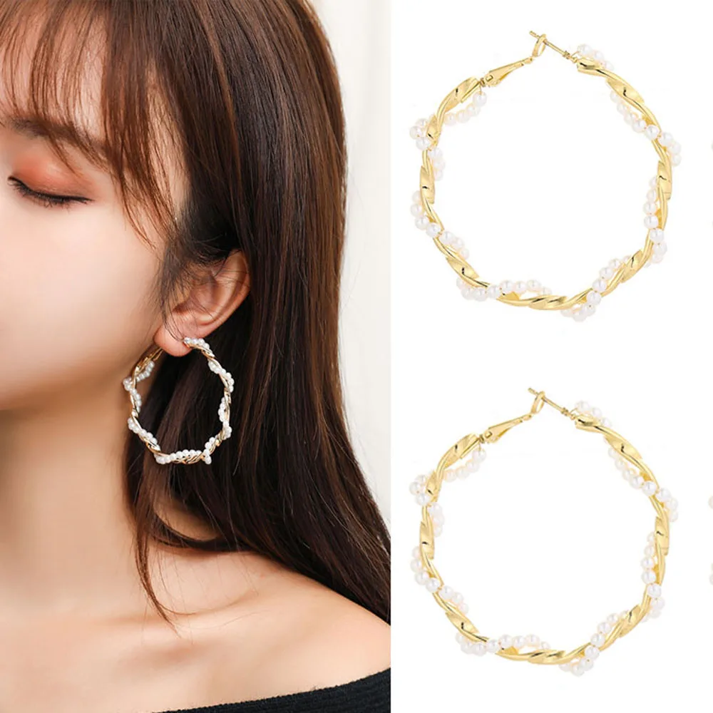 Женские круглые серьги с искусственным жемчугом большие корейские золотого