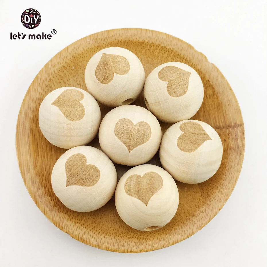 

Wooden Teether 10pcs 20mm DIY Beads Natural Wood Beads Round Wooden Beads Wooden Balls Printing Heart Wooden Toys For Baby