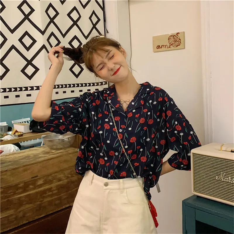 Alien Kitty 2019 Cute Summer Fresh Simple Print Floral Loose Korea Notched All-Match Sweet Casual Three Quarter Sleeves Shirt |
