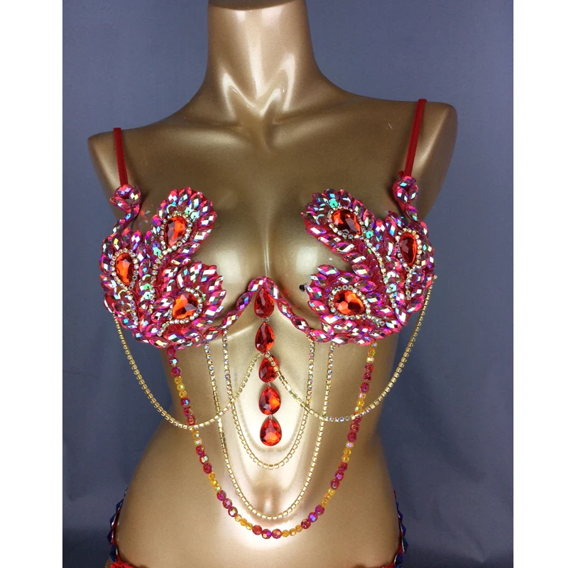 High Quality Sexy Samba Carnival Bra for Womens Rainbow Red Stone Belly dancing Party Club WIRE BRA BB010