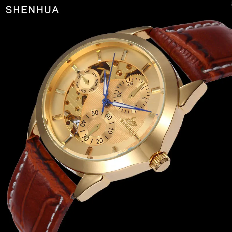 2016 новые случайные платье часы золотые моды для мужчин скелет автоматические