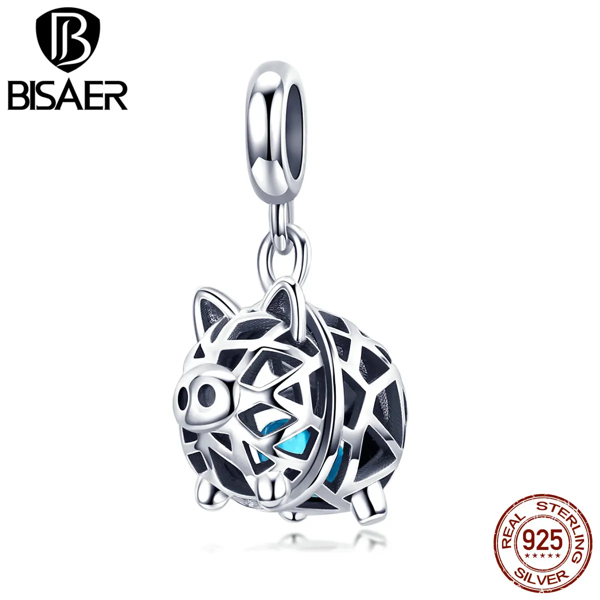 BISAER, новинка, 925 пробы, серебряная свинка, коллекция, амулеты, голубой циркон, свинья, животные, бусины, подходят для оригинальных браслетов, ювелирные изделия ECC1006