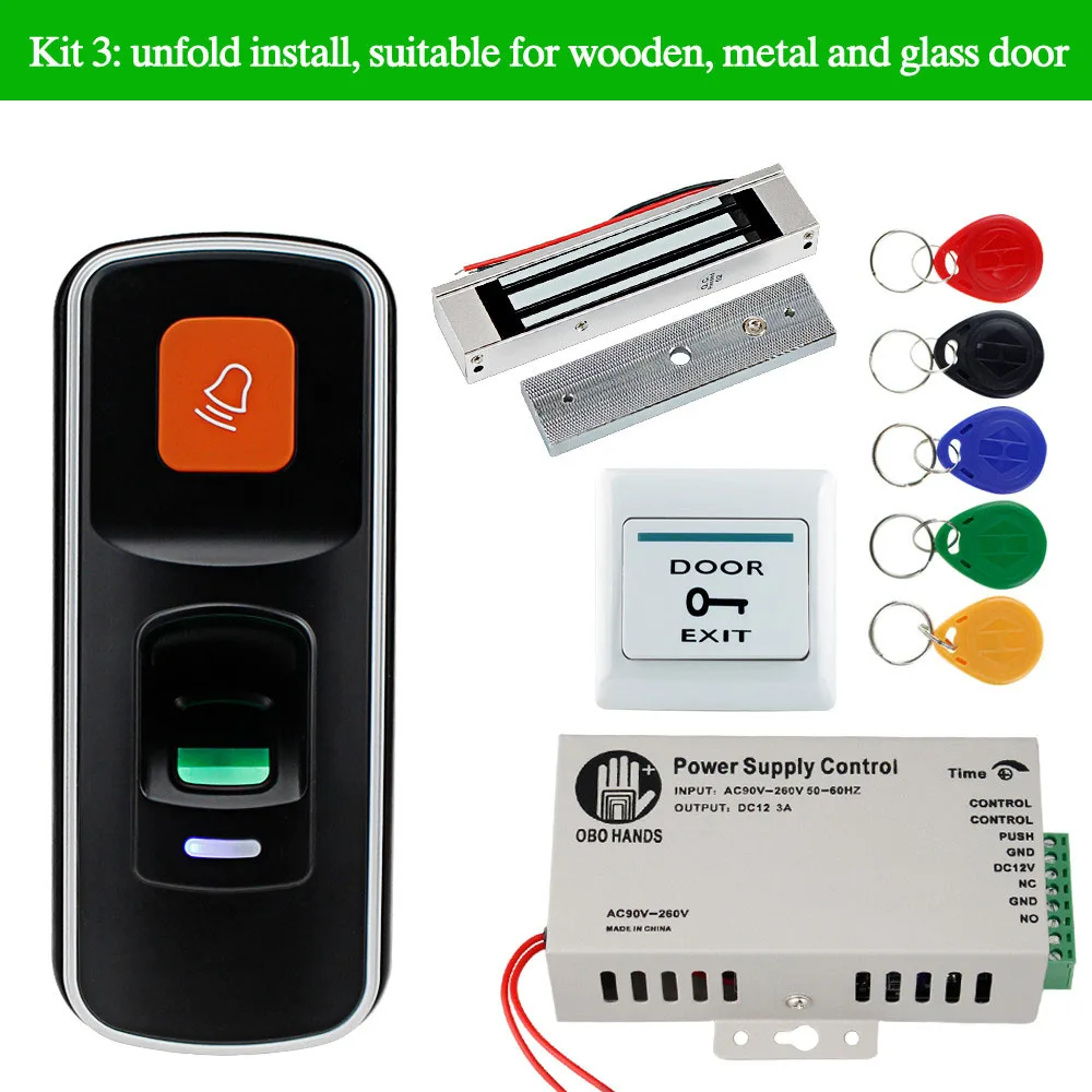 Kit3 OBO RFID система контроля допуска к двери комплект 125 кГц отпечатков пальцев Биометрические+ электрические магнитные электронные замки+ DC12V источник питания - Цвет: Kit3