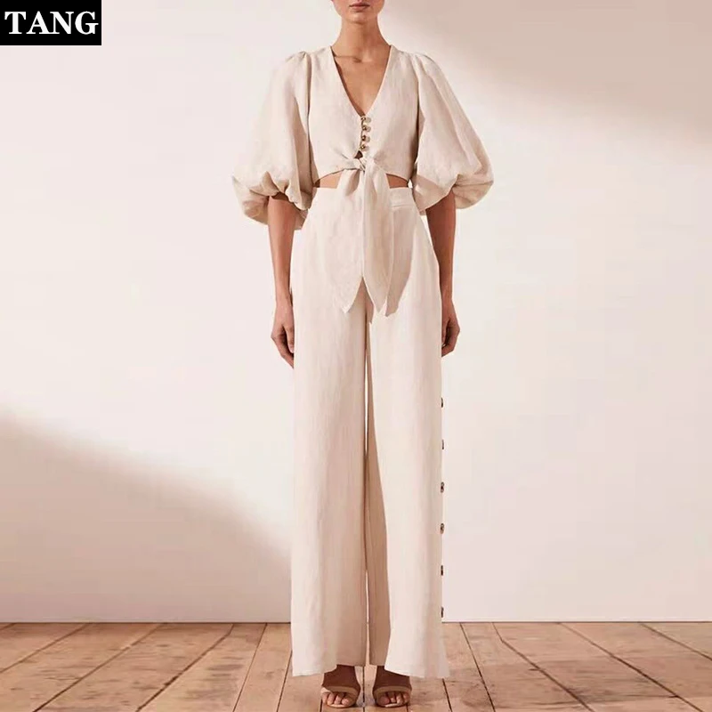 Тан 2019 Весна Boho винтажный костюм короткая рубашка + Высокая талия хлопок широкие