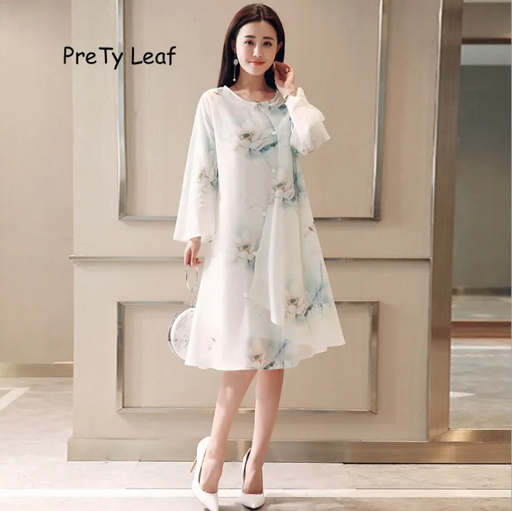 2018 Весна Распечатать Свободные шифоновое платье|chiffon dress|dress dress dresschiffon print dresses |