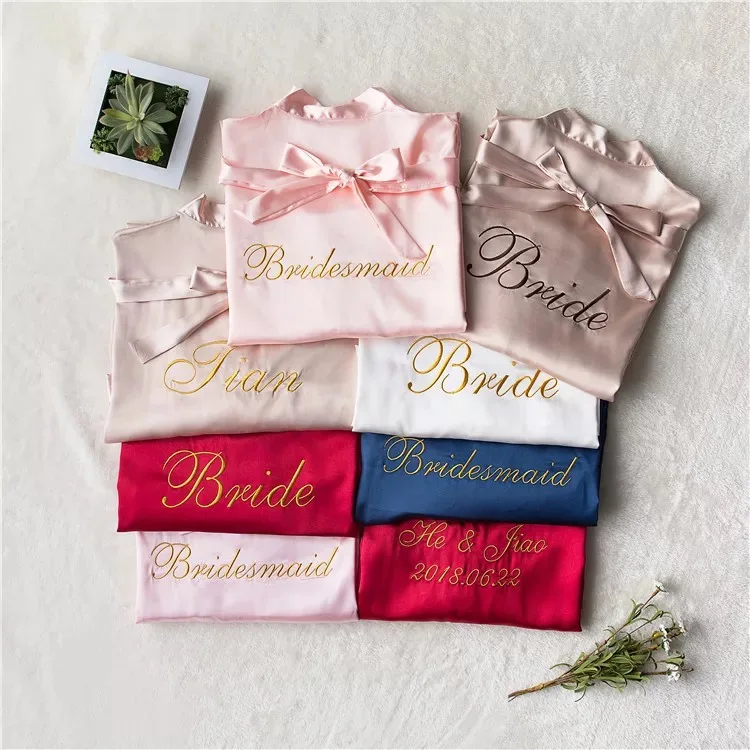 

Free Shipping 5 pcs lot embroidery logo bacheloretty party bridesmaid gift silk satin personalized wedding robes