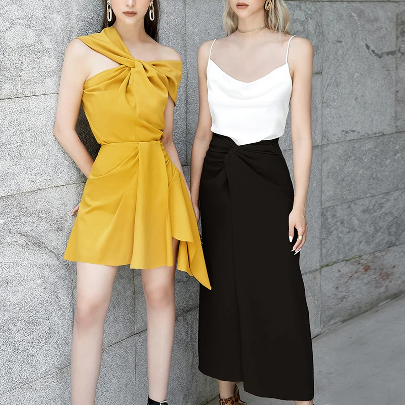 

Max Spri 2019 New Simple Women 2 Piece Sets Sling Sleeveless Casual Top Draped Midi Skirt Office Lady Wearing Sets
