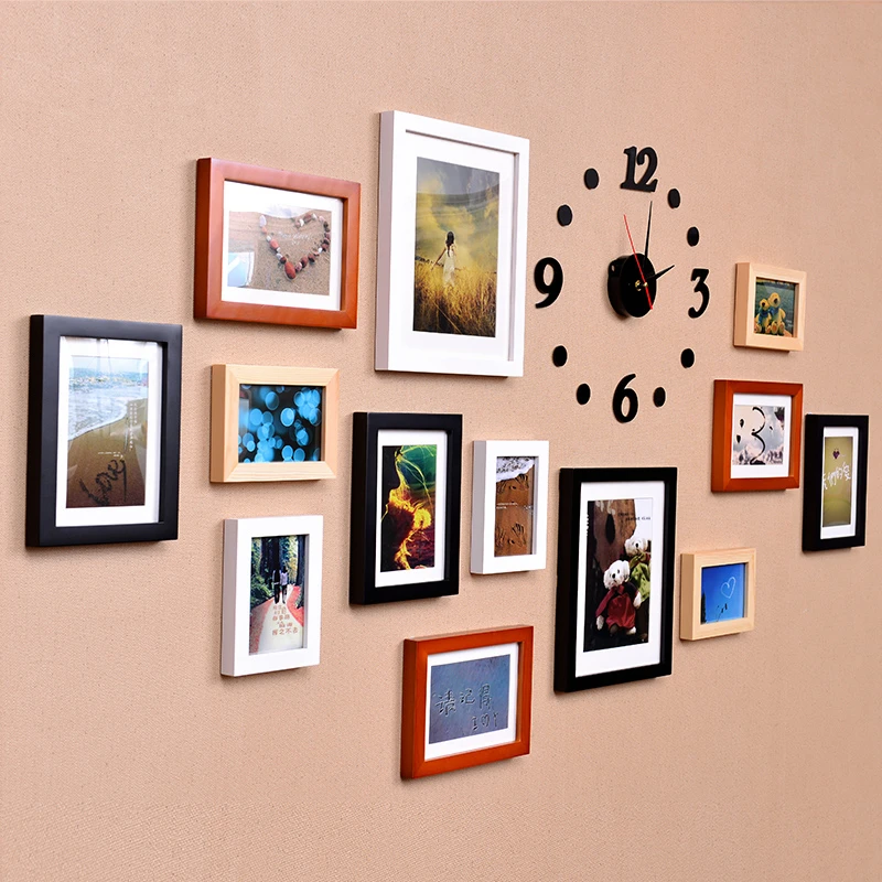 

13Pieces Quality Wooden Photo Frame Combination Artistic Clock Picture Frames Decorate Background Bedroom Romantic Modern Style