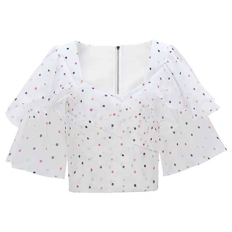 white TWOTWINSTYLE, сексуальная женская блузка в горошек, квадратный воротник, оборки, рукав-фонарик, тонкий шифон, топы, рубашка, Женская мода, лето - Цвет: white