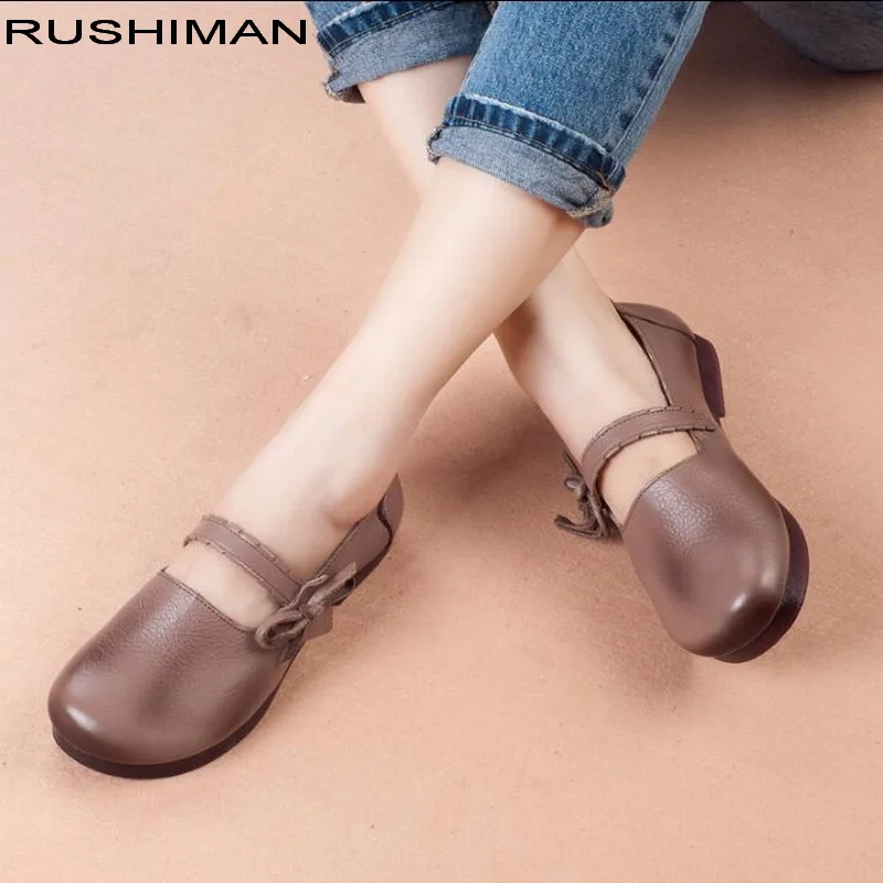 

RUSHIMAN Black Solid Flats Spring Autumn Handmade Genuine leather Shoes Comfortable Round toe Lady Driving Shoes Fashion Loafer
