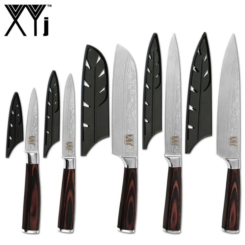 D.5Pcs Set and cover XYj 8 ''7'' 5 ''3,5'' набор кухонных ножей из нержавеющей стали с Дамасским узором, ножи шеф-повара сантоку 11 ''подставка для кухонных ножей, инструменты - Цвет: D.5Pcs Set and cover