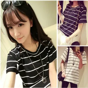 Для женщин футболка с коротким рукавом Классические черные и белые в полоску