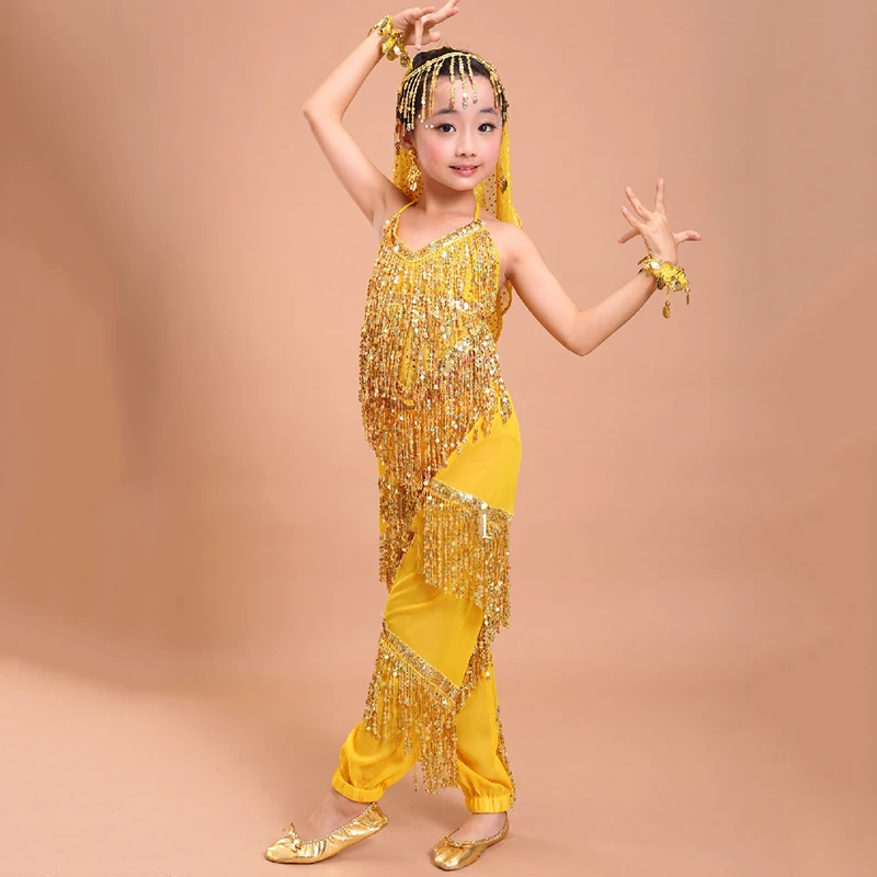 Детский костюм для танца живота Bellydance индийский с бахромой и блестками одежда