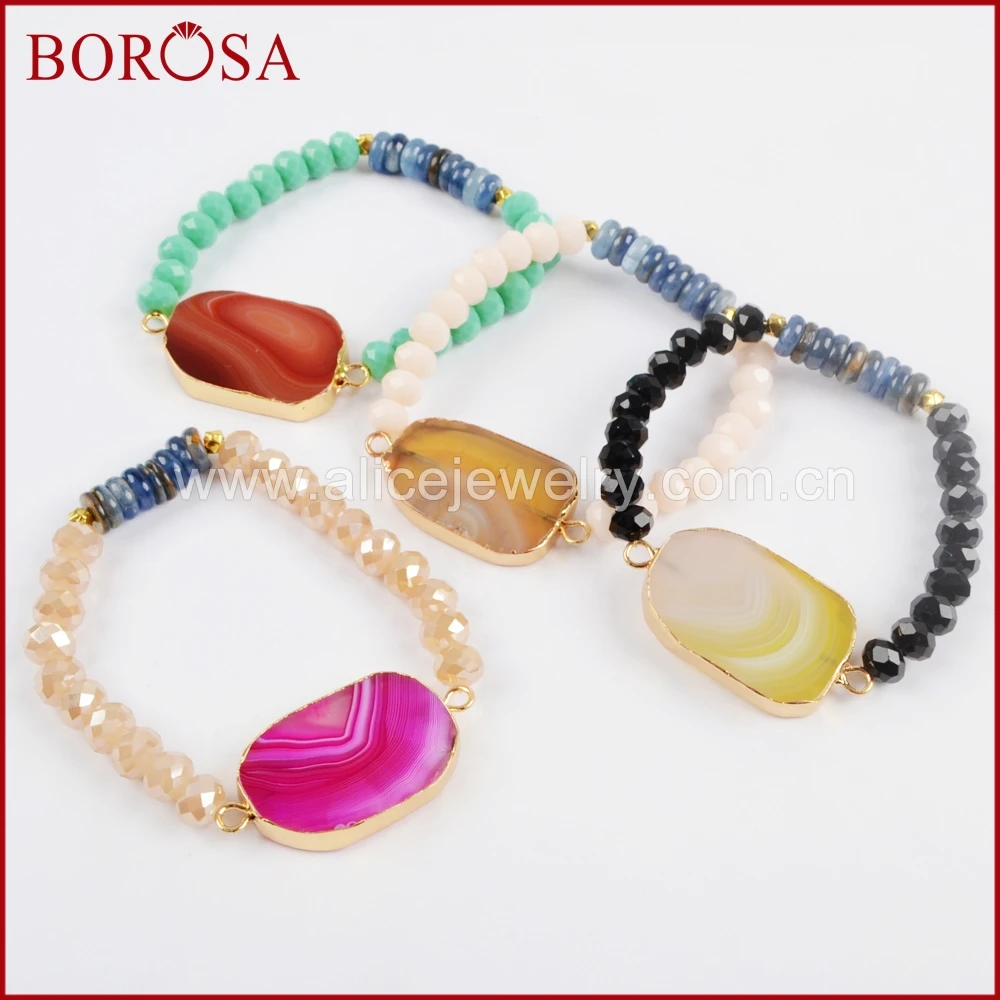 

BOROSA 10 шт. Золотая, радужная оникс срез камня с хрустальные и стеклянные бусины браслеты, Drusy смешанных цветов браслет жемчужины G1478