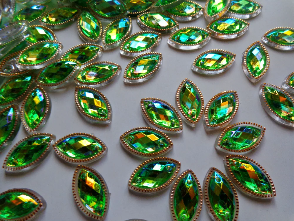 100 шт. пришивные стразы светло-зеленые конский глаз в форме пупета 7*15 мм