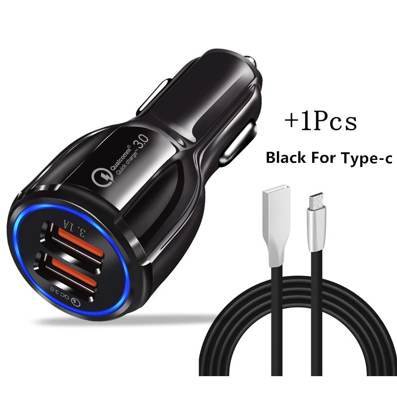 Black Add USB C Cord Автомобильное зарядное устройство Quick Charge 3,0 с двумя портами USB, универсальное зарядное устройство QC3.0 с двумя портами USB для iPhone, samsung, Xiaomi, gps, автомобильное зарядное устройство - Тип штекера: Black Add USB C Cord