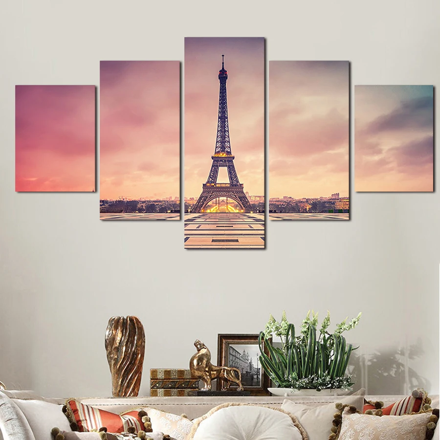 

5 Panels Unframed eiffel tower under pink sky scenery Wall Art Canvas Paintings For Living Office Artwork Home Decor