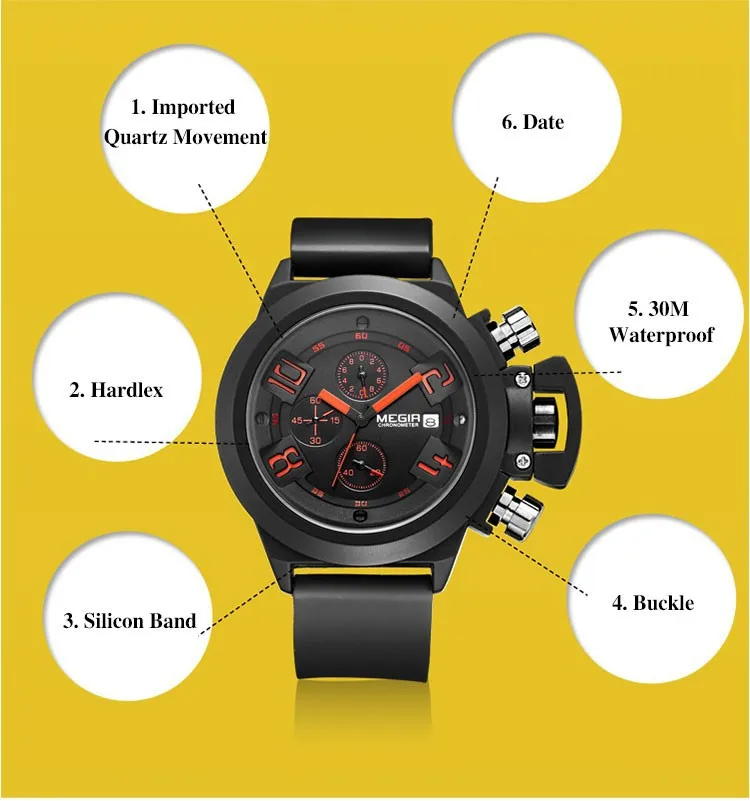 MEGIR спортивные мужские часы с хронографом и функцией s, лучший бренд, роскошные силиконовые наручные часы, мужские кварцевые часы, мужские часы