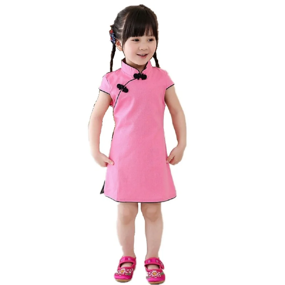Chinese New Year Baby Girls Chi-Pao Dress Kids Traditional Qipao Candy Solid Children Cheongsam Linen Girl Clothes Jumper Blouse | Детская