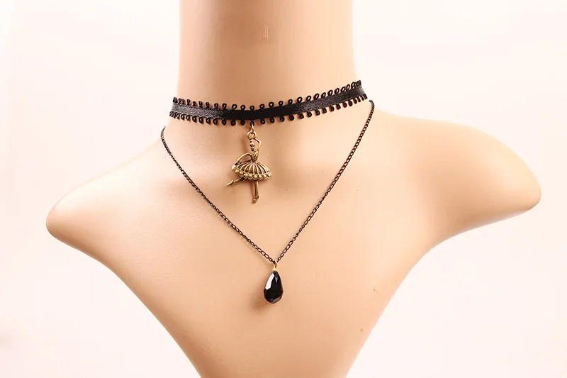 2017 Exquisite Black Lace Ballet Water Drop Crystal Pendant Double Layer Choker Necklace For Women Best Like Gift N258 |