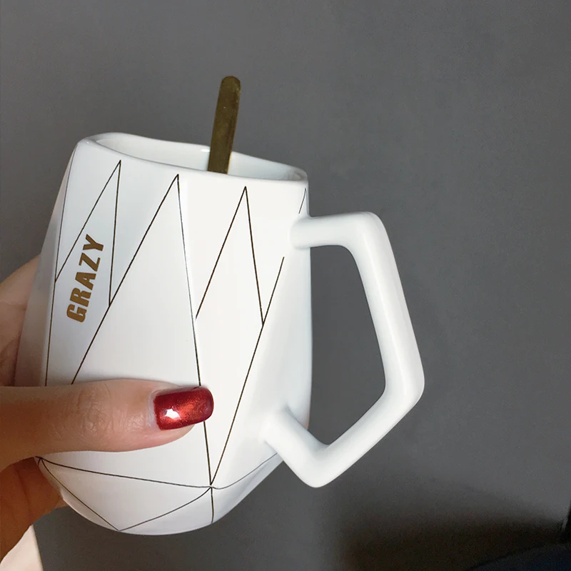 Nordic Ceramic Water Cup Simple Office Dormitory Personality Angle Geometry Line Creative Mark with spoon | Дом и сад