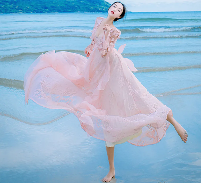 Женское длинное пляжное платье HAMALIEL розовое с кружевной вышивкой лето 2018|maxi beach