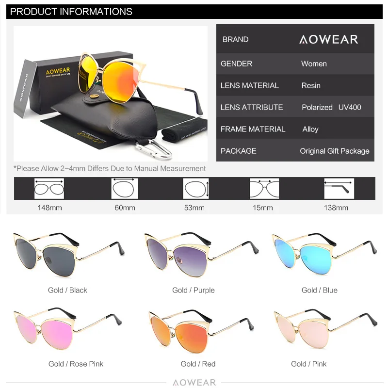 Женские солнцезащитные очки кошачий глаз AOWEAR поляризационные винтажные