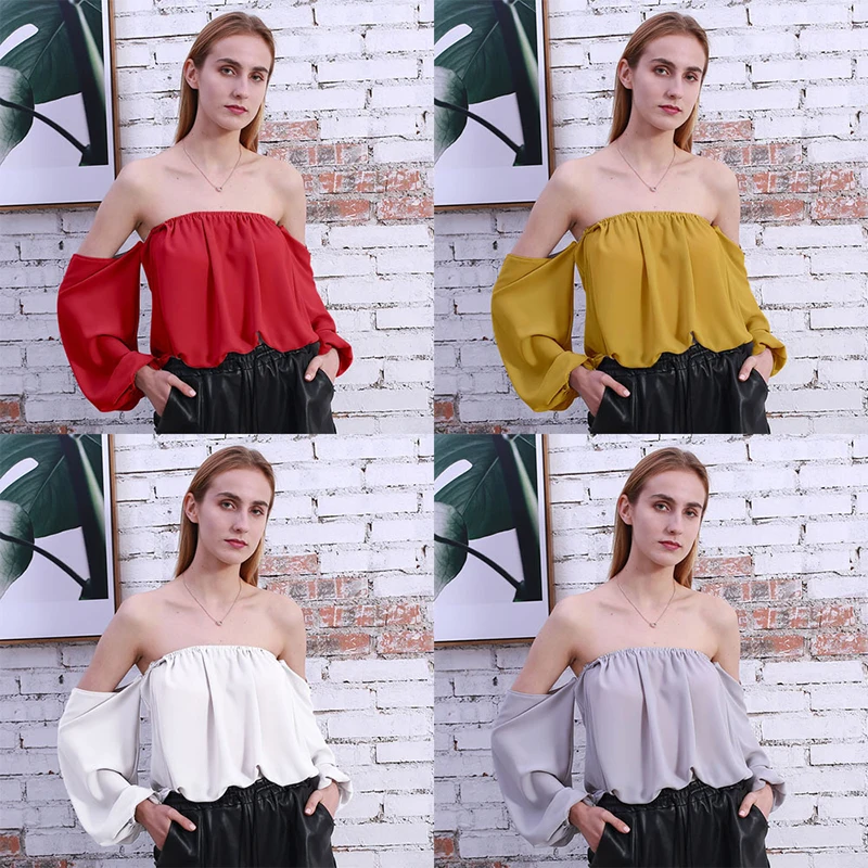 Модные Фонари рукавом с плеча блузка рубашка 2018 лето осень пикантные Slash шеи