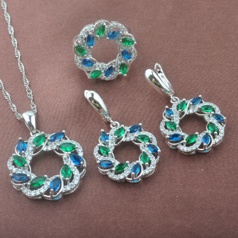 Очарование зеленый и синий Циркон женский серебряный цвет Ювелирные наборы