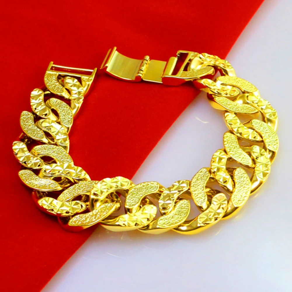 

Hip Hop Bracelet Link Chain Yellow Gold Filled Mens Wide Wrist Bracelet 8.4"