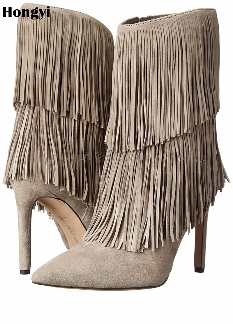 

Fashion Winer Beige Browne Pu Suede Leather Inside Zipper Tassel Thin High Heeled Boots Women Fringe Pointed Toe Mid-calf Boot