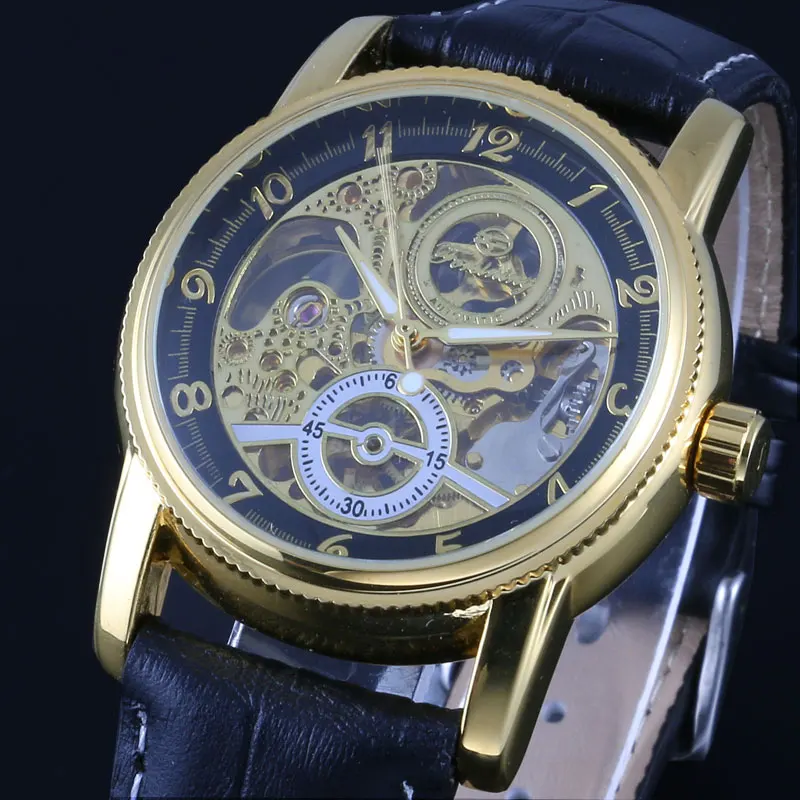 black golden Лидирующий бренд WINNER часы Классические Мужские автоматические механические часы с автоматическим заводом Аналоговые скелетоны коричневые кожаные мужские наручные часы - Цвет: black golden