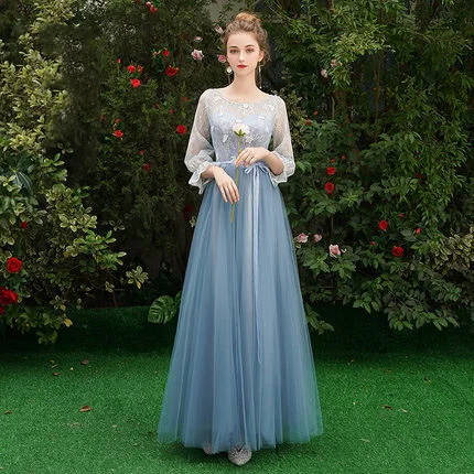 SSYfashion, элегантные, короткие рукава, шнуровка сзади, длина до пола, длинные шифоновые платья подружек невесты, на заказ, свадебные платья для женщин - Цвет: blue