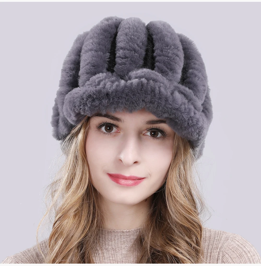 Новинка, настоящий мех кролика, женская зимняя шапка, натуральный настоящий мех кролика, шапка для женщин, вязаная, теплая, натуральный мех, шапки