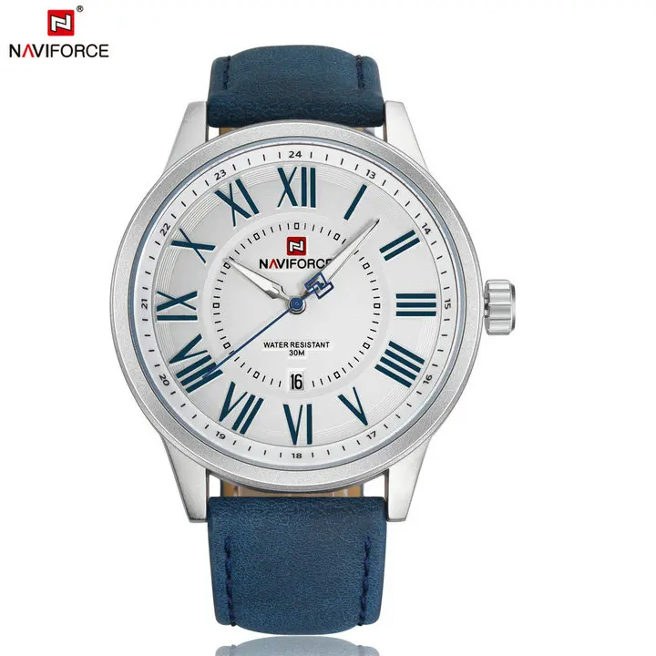 BLUE SILVER NAVIFORCE повседневные спортивные мужские кварцевые часы люксовый бренд синий кожаный ремешок водонепроницаемые часы с датой модные минималистичные наручные часы - Цвет: BLUE SILVER