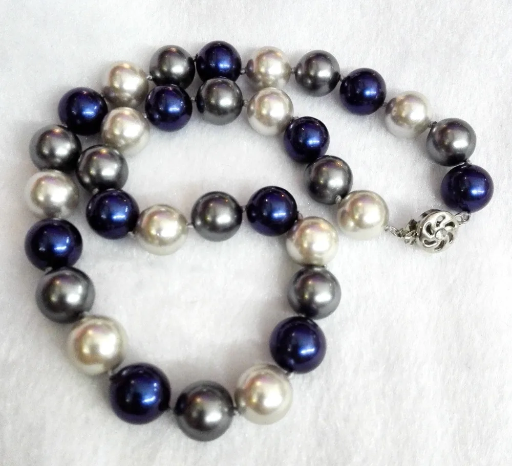 

Woman jewelry 12mm blue gray mixed Round bead necklace Natural South Sea Shell Pearl AAA Necklaces 45cm / 18inch