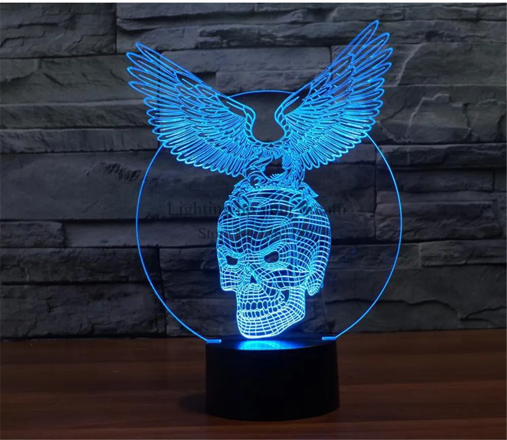 3D Оптическая иллюзия череп орел визуализация LED Искусство Скульптура ночные